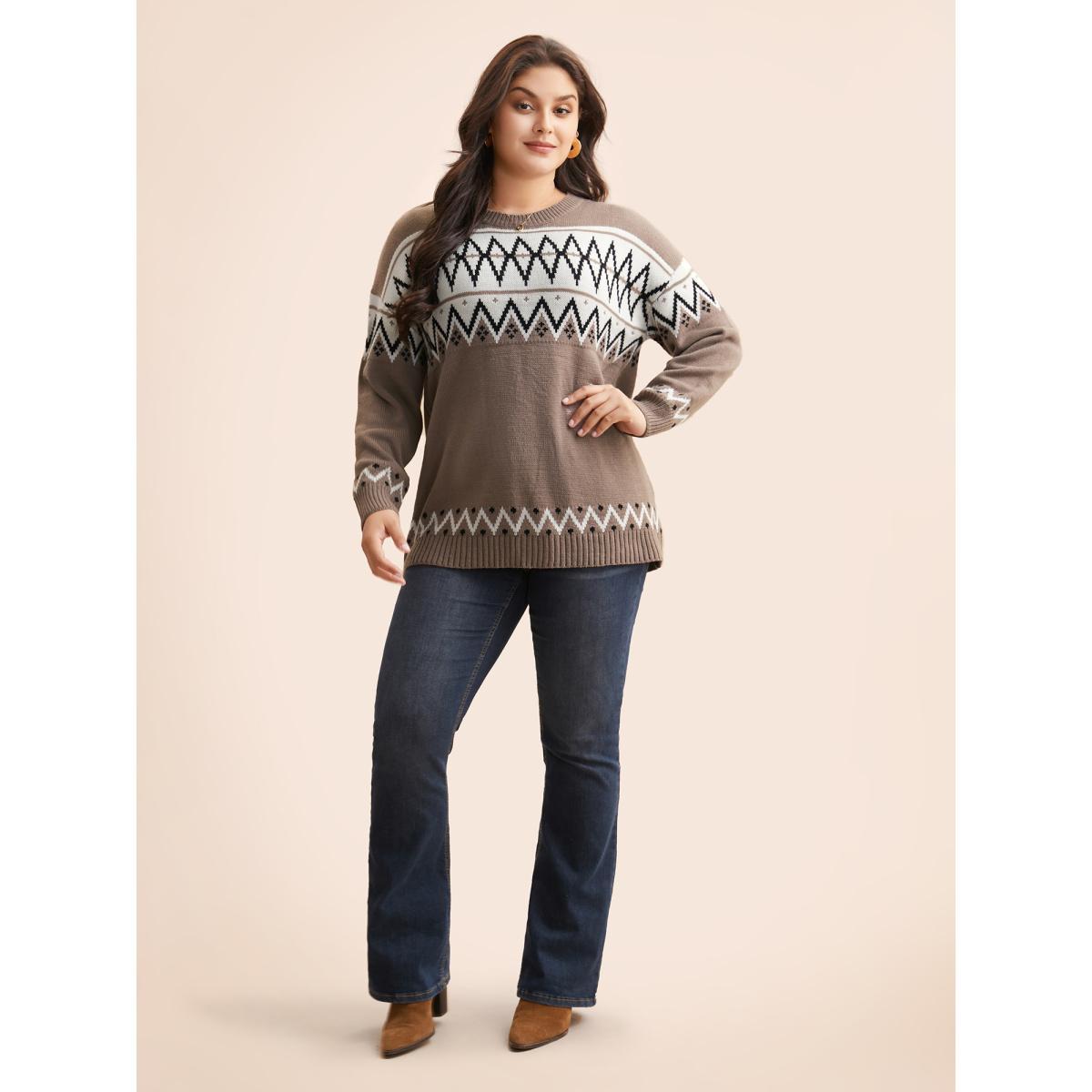 Plus Size Round Neck Geometric Drop Shoulder Cardigan Beige Women Casual Loose Long Sleeve Round Neck Everyday Pullovers BloomChic 14-16/1X Product Image