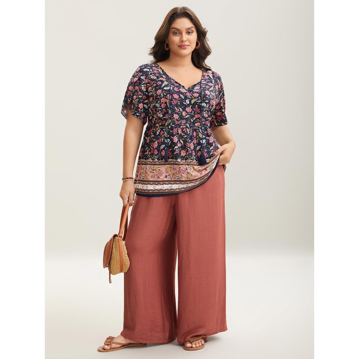 Plus Size Midnight Sweet Floral Print Petal Sleeve Shirt Women Resort Short sleeve Flat collar with V-notch Vacation Blouses BloomChic 10/M Product Image