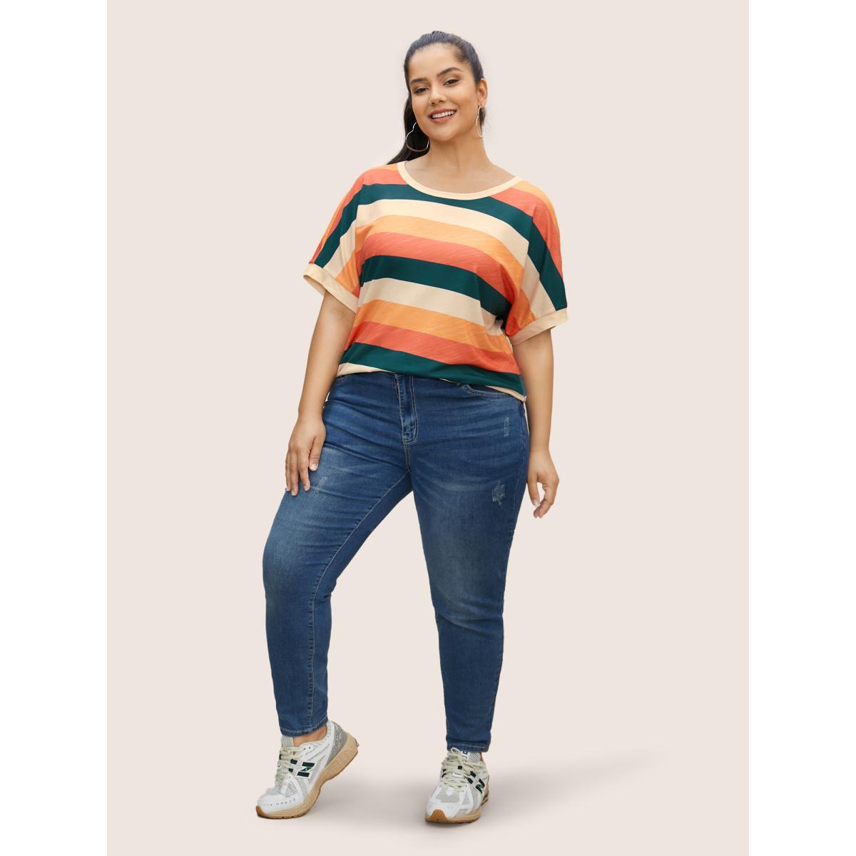 Plus Size Colored Striped Crew Neck Batwing Sleeve T-shirt Multicolor Women Casual Contrast Round Neck Everyday T-shirts BloomChic 26/4X Product Image