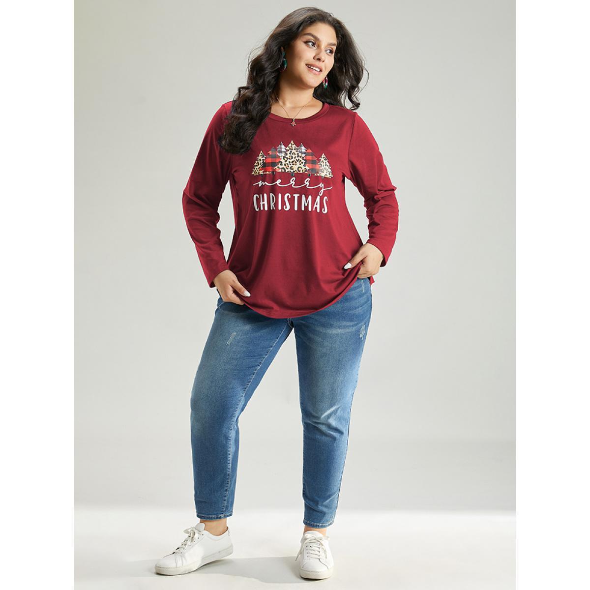Plus Size Christmas Trees Letter Print Round Neck T-shirt Raspberry Women Casual Printed Christmas Festival-Christmas T-shirts BloomChic 26/4X Product Image