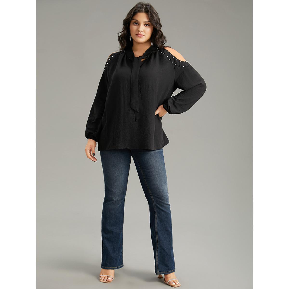 Plus Size Black Pearl Beaded Cold Shoulder Keyhole Bowknot Blouse Women Glamour Long Sleeve Cold Shoulder Going out Blouses BloomChic 22-24/3X Product Image