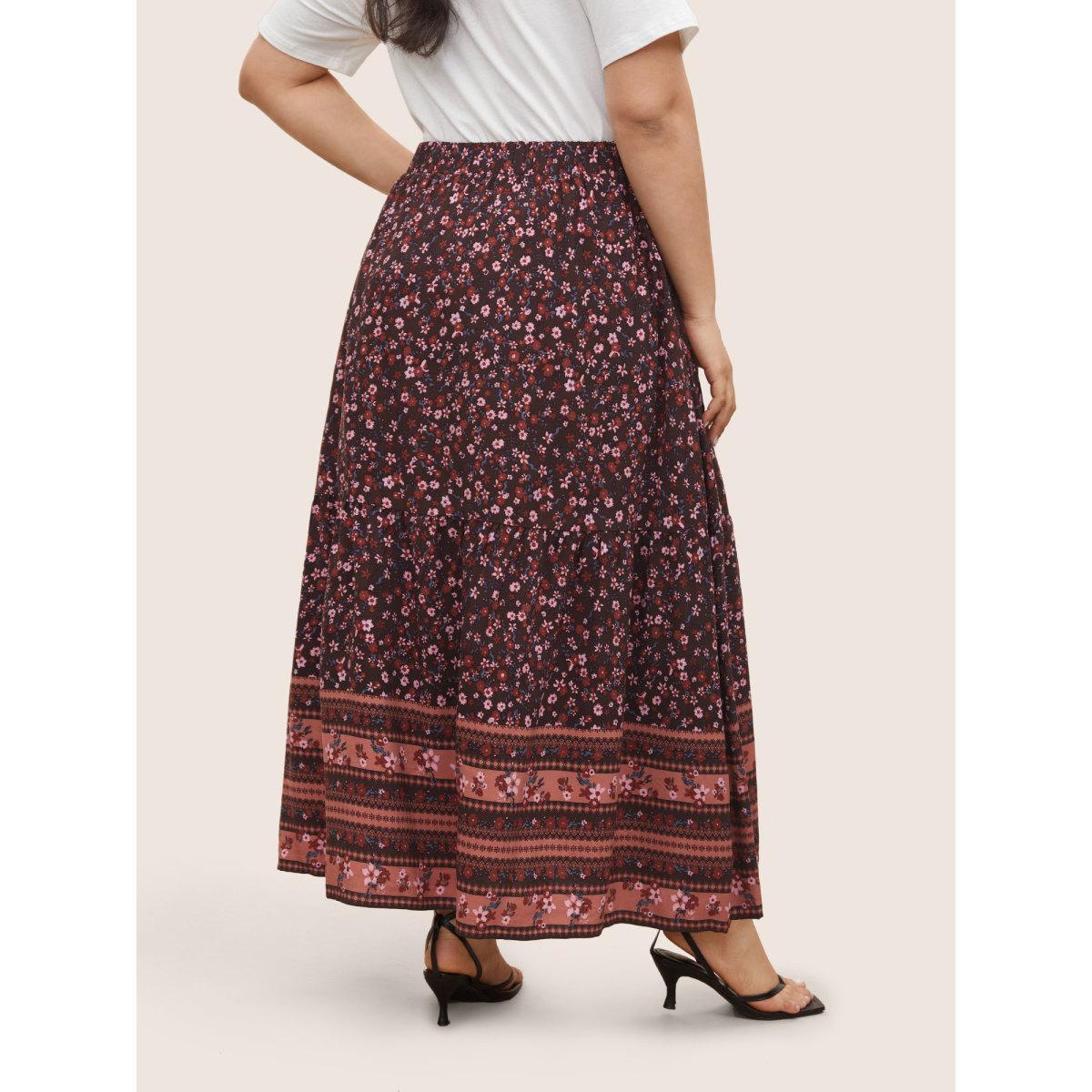 Plus Size Rayon Boho Print Elastic Waist Pocket Skirt Women Eggplant Resort Non No stretch Slanted pocket Vacation Skirts BloomChic 30/6X Product Image