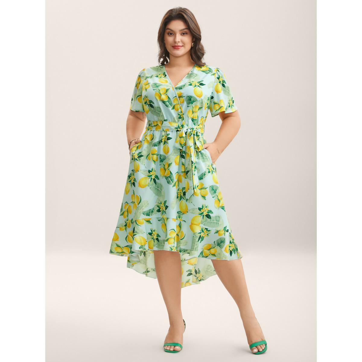 Plus Size Citrus Print Ruffled Hem Belted Midi Dress LightBlue Women Overlap Collar Short sleeve Curvy BloomChic 26/4X Product Image