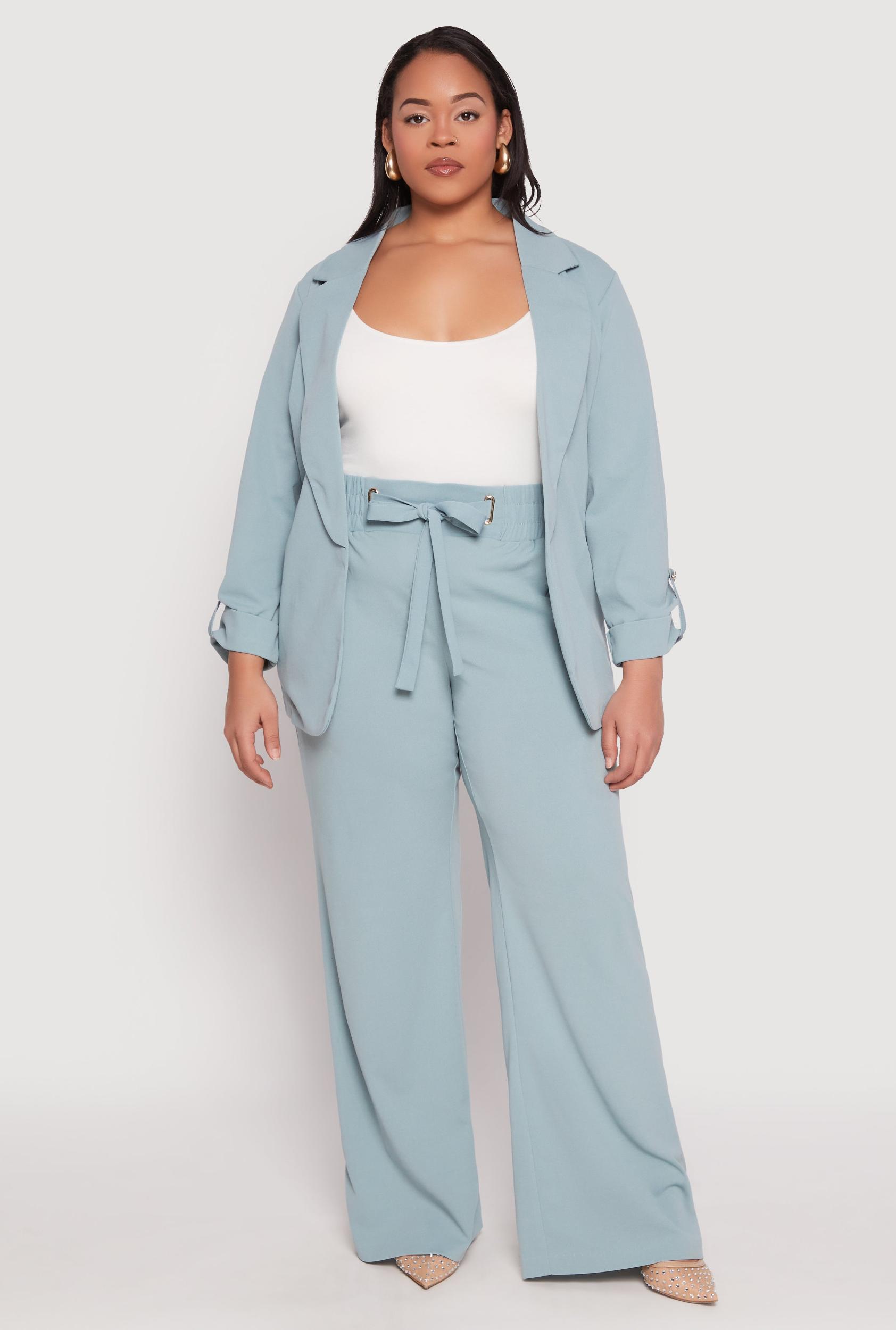 Womens Plus Size Crepe Knit Belted Front Dress Pants Product Image