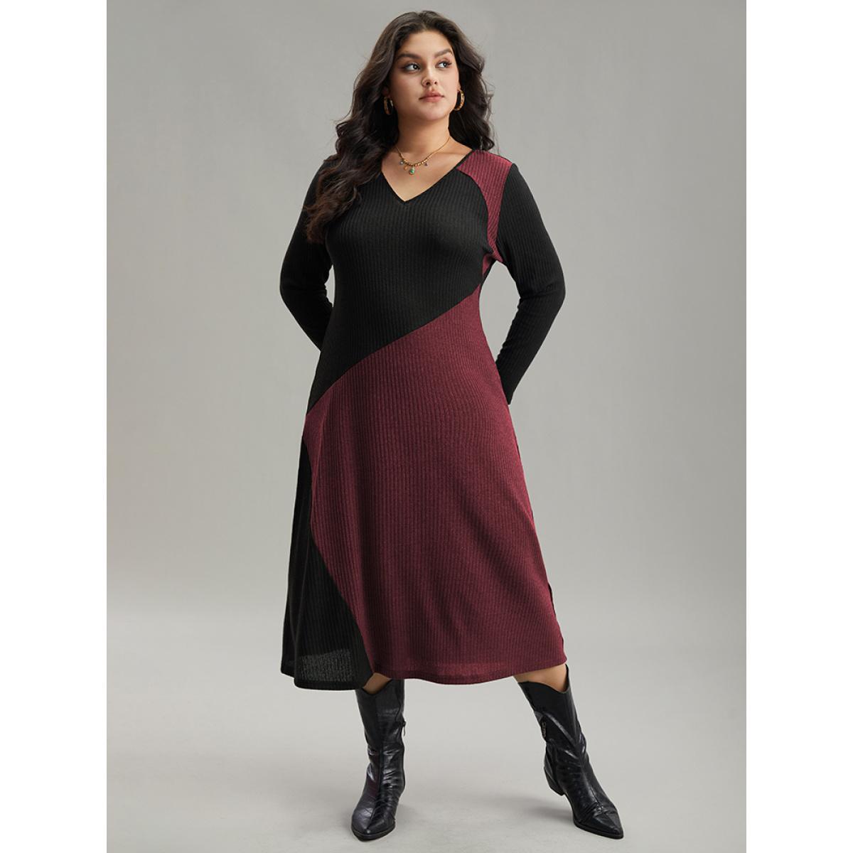 Plus Size Two Tone Patchwork V Neck Dress Burgundy Women Casual Patchwork V-neck Long Sleeve Curvy Midi Dress BloomChic 18-20/2X Product Image