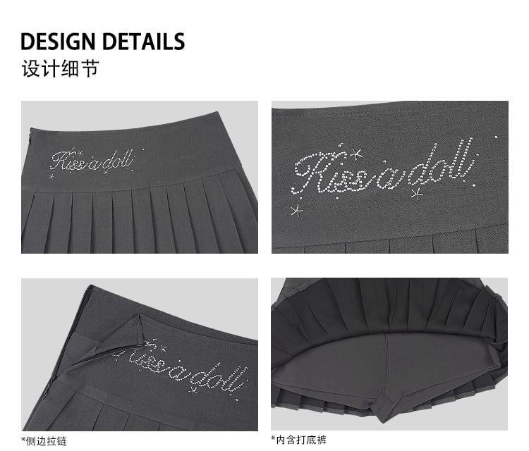 Mid Waist Rhinestone Lettering Pleated Mini A-Line Skirt Product Image