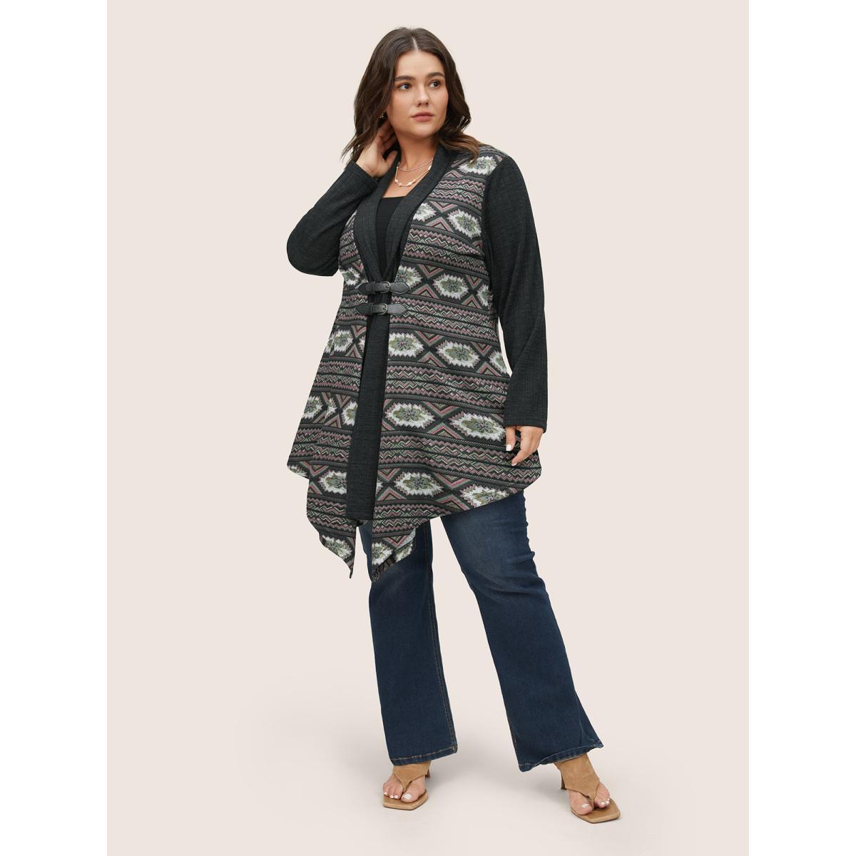 Plus Size Boho Print Patchwork Buckle Detail Hanky Hem Kimono Women Black Casual Non Everyday Kimonos BloomChic 28/5X Product Image