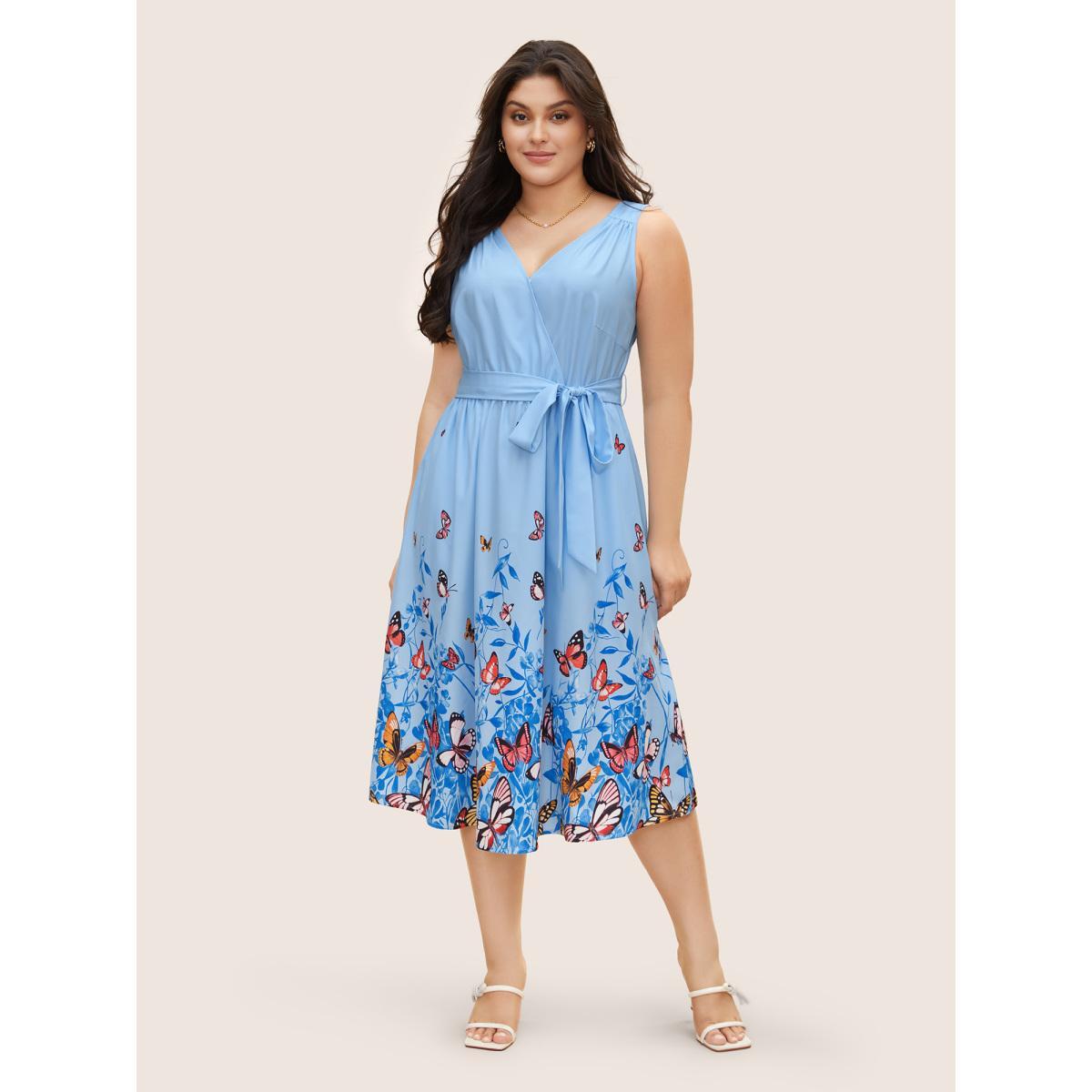 Plus Size Butterfly Print Wrap Gathered Tank Dress LightBlue Women Elegant Gathered Overlap Collar Sleeveless Curvy BloomChic 18-20/2X Product Image