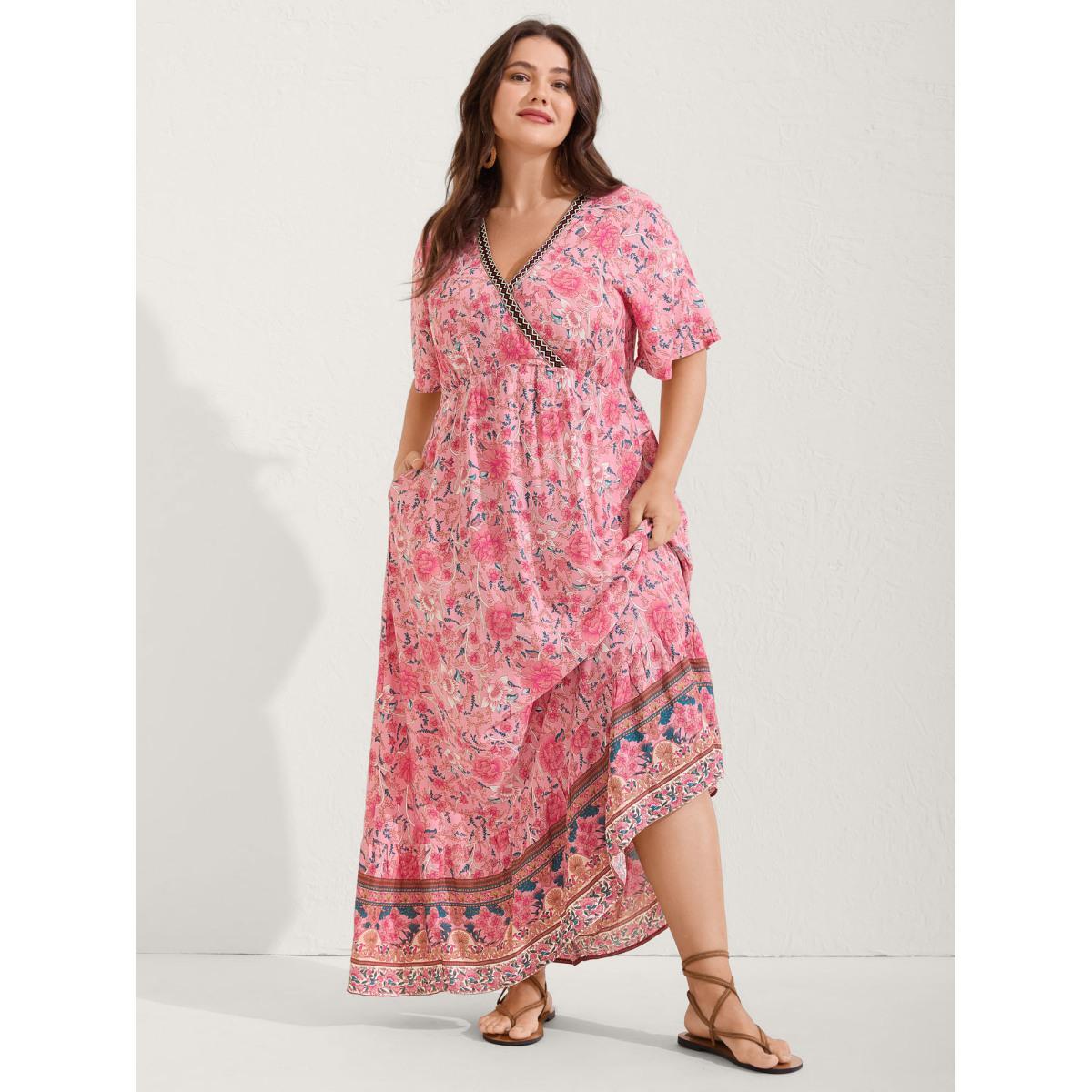 Plus Size Rosy Floral Print Lace Maxi Dress Blush Women Overlap Collar Short sleeve Curvy BloomChic 22-24/3X Product Image
