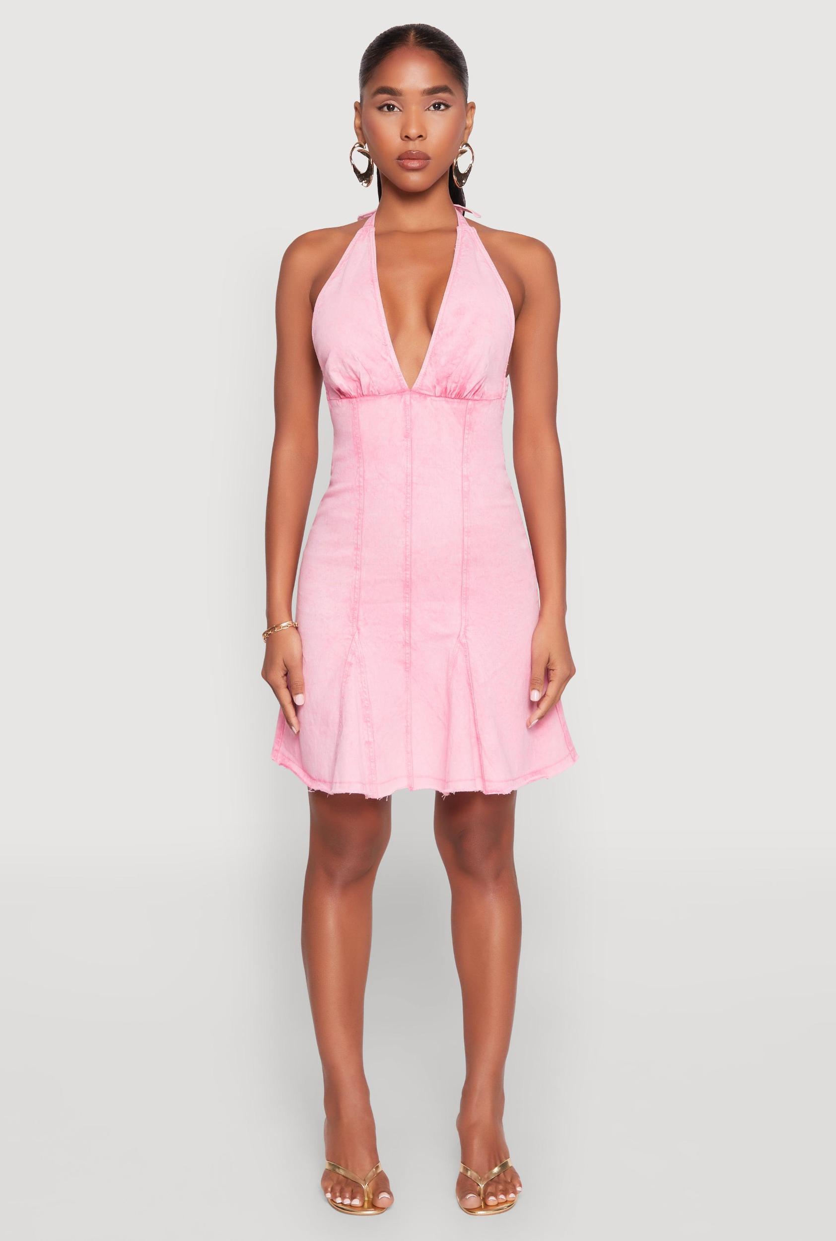 Womens Mineral Wash Denim Halter Neck Dress Product Image