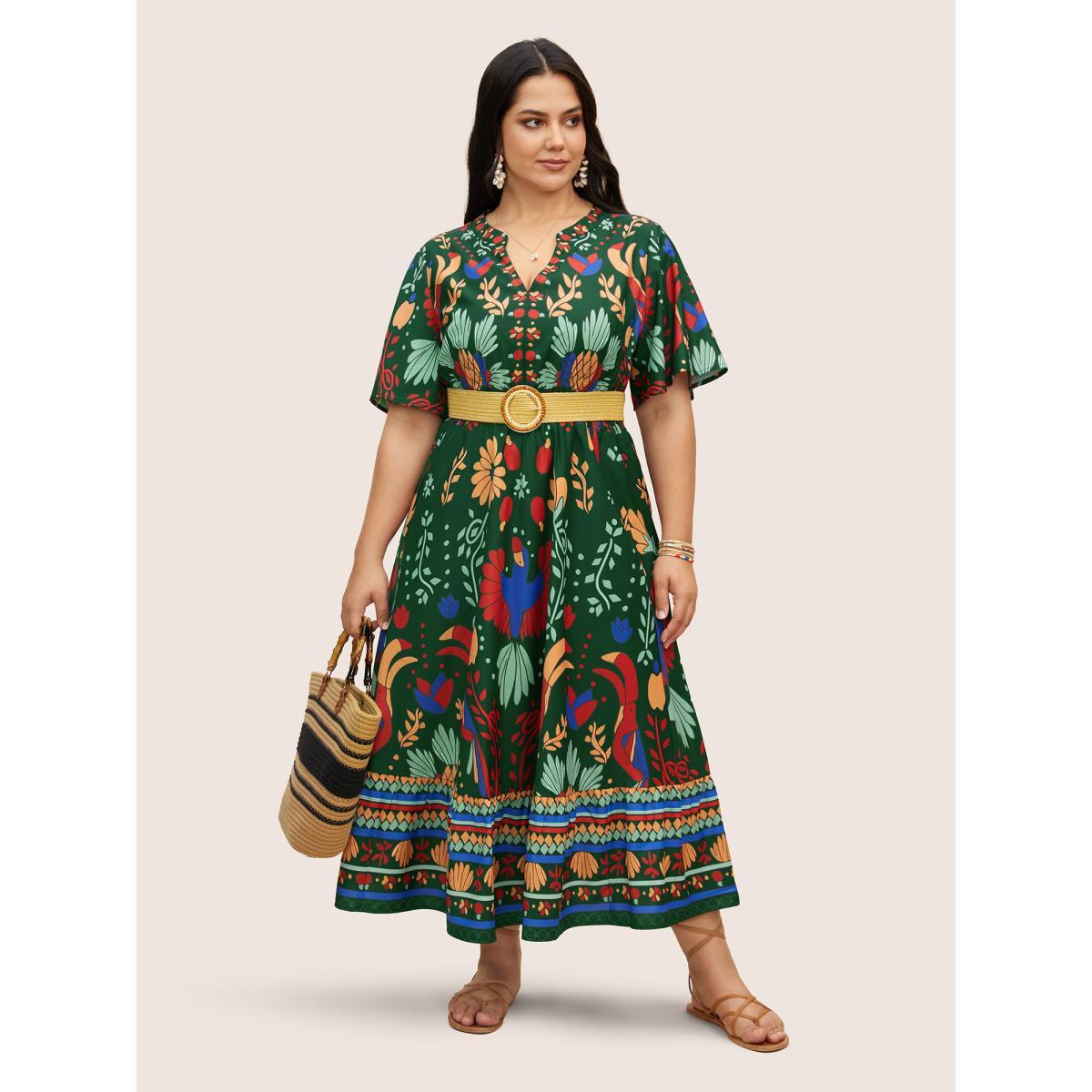 Plus Size Bandana Print Shirred Elastic Waist Flutter Sleeve Dress Black Women Resort Shirred Flat collar with V-notch Short sleeve Curvy BloomChic 10/M Product Image
