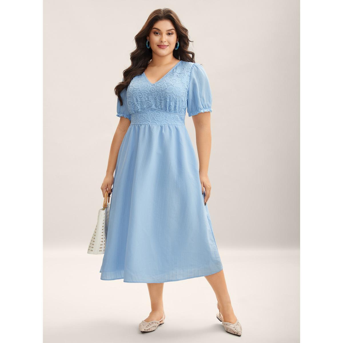 Plus Size V Neck Textured Lace Midi Dress LightBlue Women V-neck Short sleeve Curvy BloomChic 30/6X Product Image