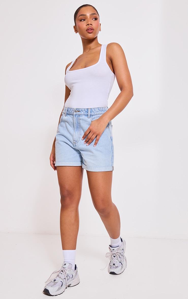 PRETTYLITTLETHING Light Blue Wash Turn Up Mom Denim Shorts Product Image