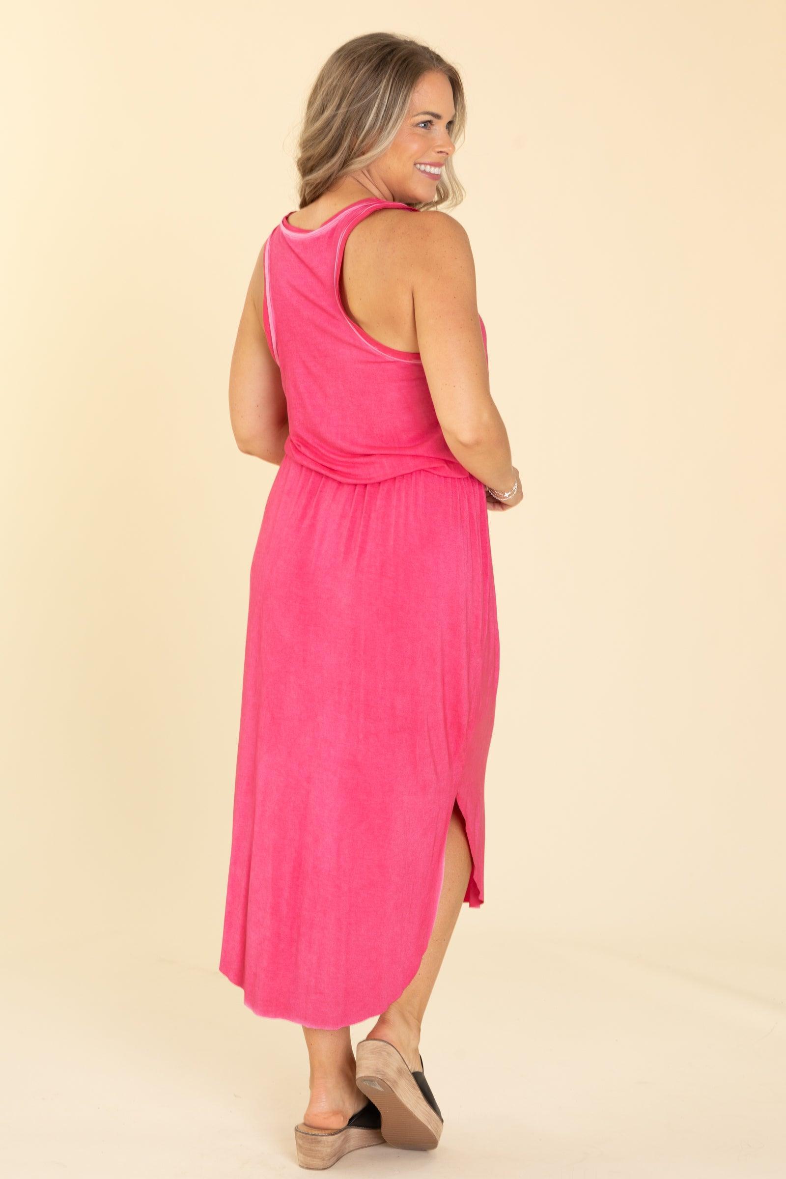 Hot Pink Washed Round Hem Midi Dress Product Image