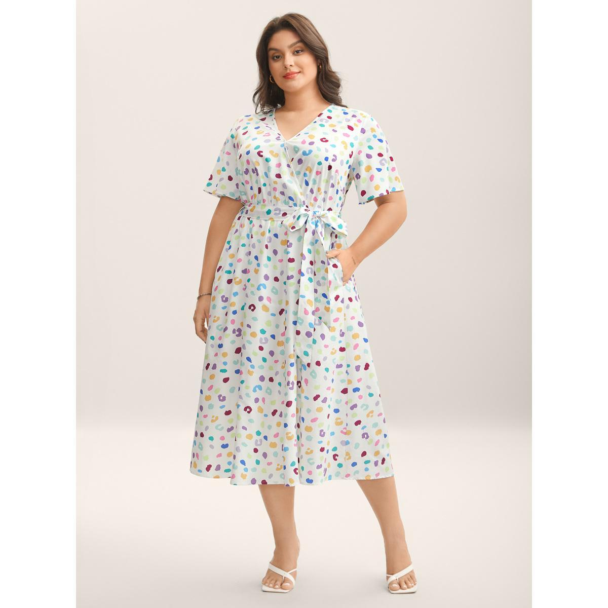 Plus Size Multi-Color Leopard Print Surplice Midi Dress Beige Women Overlap Collar Short sleeve Curvy BloomChic 10/M Product Image