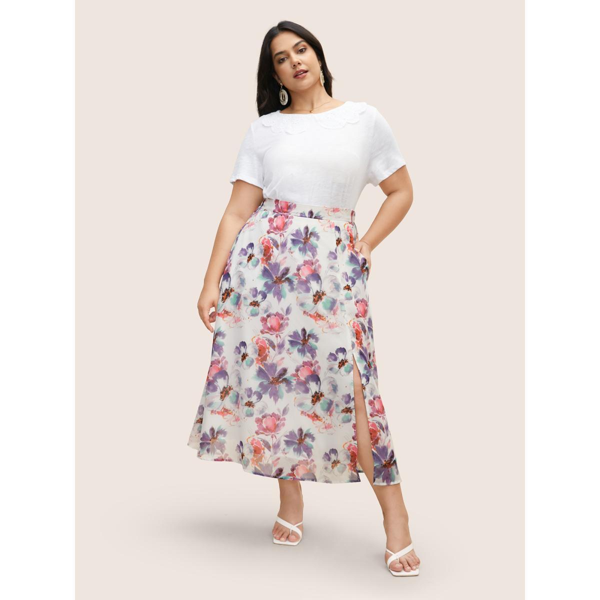 Plus Size Watercolor Floral Print Slit Hem Pocket Skirt Women Originalwhite Elegant Slit No stretch Side seam pocket Everyday Skirts BloomChic 18-20/2X Product Image