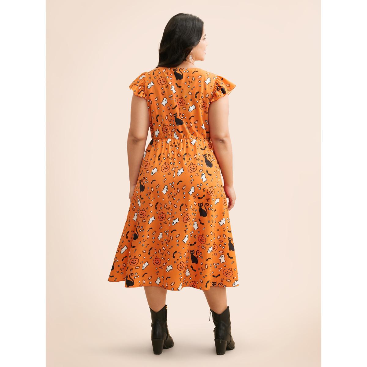 Plus Size Pumpkin Printed Ruffle Sleeves Midi Dress Brightorange Women Casual Ruffles Party Curvy Bloomchic 28/5X Product Image