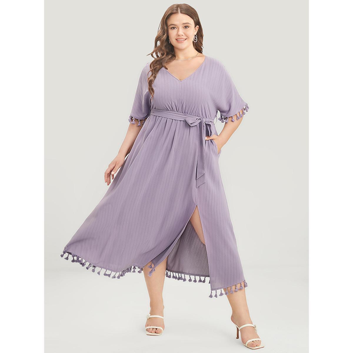 Plus Size Plain Striped Dolman Sleeve Split Belted Tassels Trim Dress Mauve Women Elegant Elastic Waist V-neck Half Sleeve Curvy Midi Dress BloomChic 28/5X Product Image