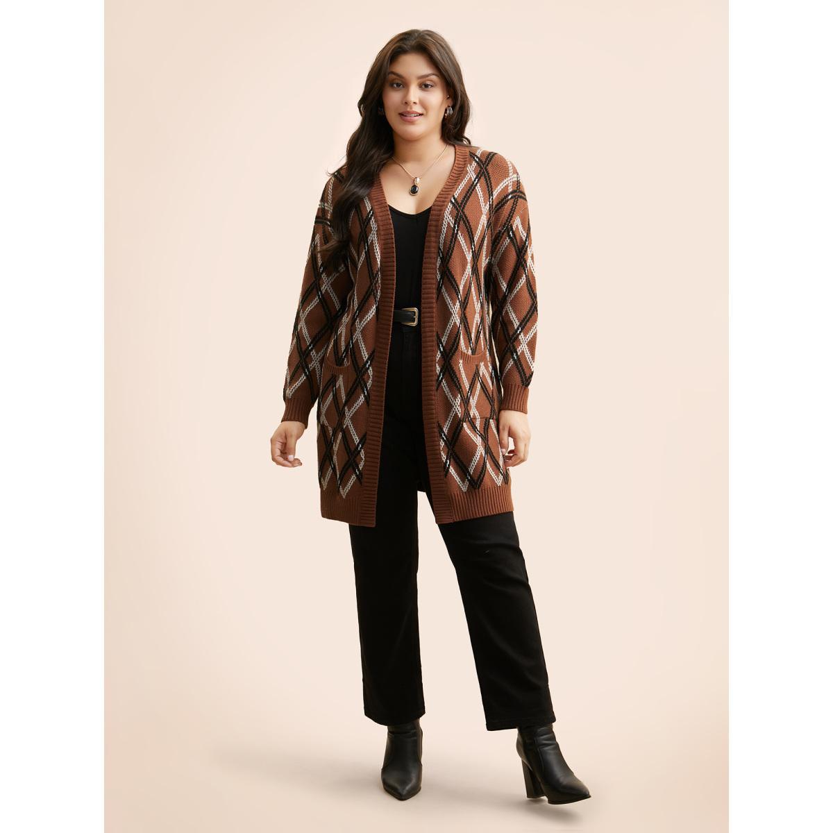Plus Size Plaid Pocket Drop Shoulder Sleeve Cardigan Yellowishbrown Women Casual Loose Long Sleeve Everyday Cardigans BloomChic 28/5X Product Image