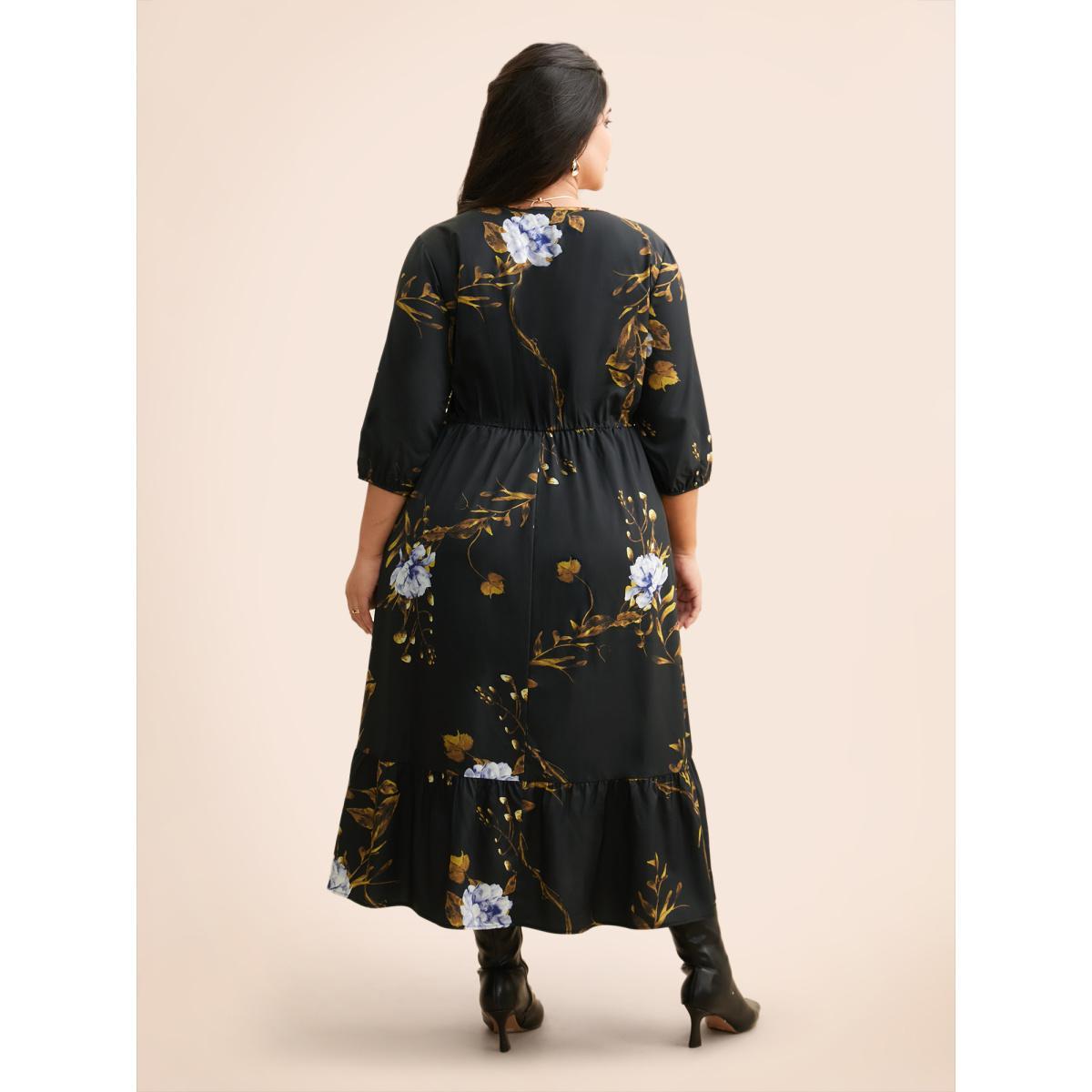 Plus Size Floral Print V Neck Lantern Sleeve Dress BlackFlower Women Elegant Non V-neck Elbow-length sleeve Curvy BloomChic 28/5X Product Image