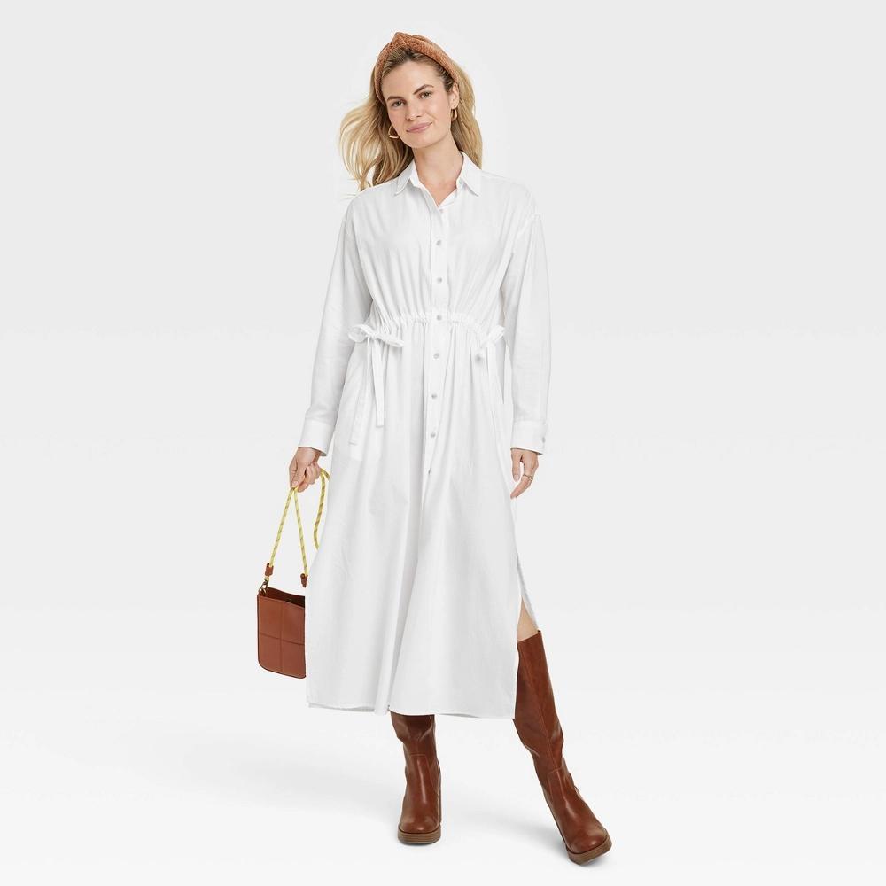 Womens Long Sleeve Cinch Waist Maxi Shirtdress - Universal Thread White L Product Image