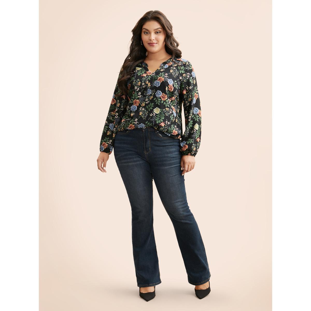 Plus Size Black Floral Notched Pleated Lantern Sleeve Blouse Women Elegant Extra Long Sleeve Notched collar Everyday Blouses BloomChic 22-24/3X Product Image