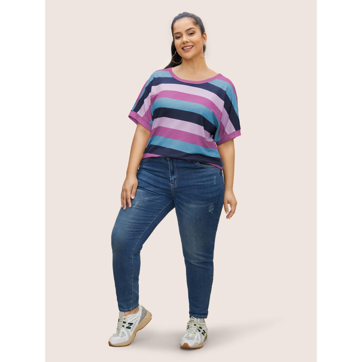 Plus Size Colored Striped Crew Neck Batwing Sleeve T-shirt Lilac Women Casual Contrast Round Neck Everyday T-shirts BloomChic 26/4X Product Image