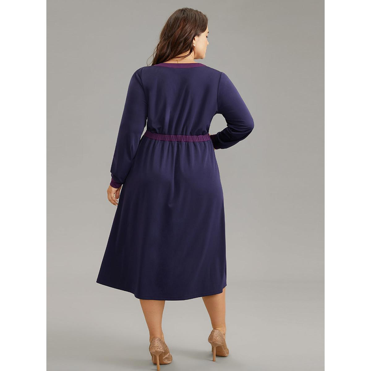 Plus Size Contrast Notched Gathered Elastic Waist Dress DarkBlue Women At the Office Contrast Notched collar Long Sleeve Curvy Midi Dress BloomChic 30/6X Product Image