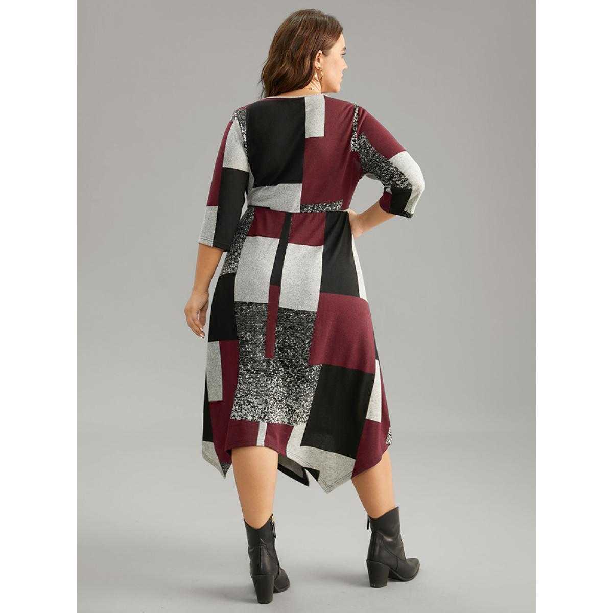 Plus Size Colorblock Contrast Round Neck Elastic Waist Dress Red Women Casual Printed Round Neck Elbow-length sleeve Curvy Midi Dress BloomChic 10/M Product Image