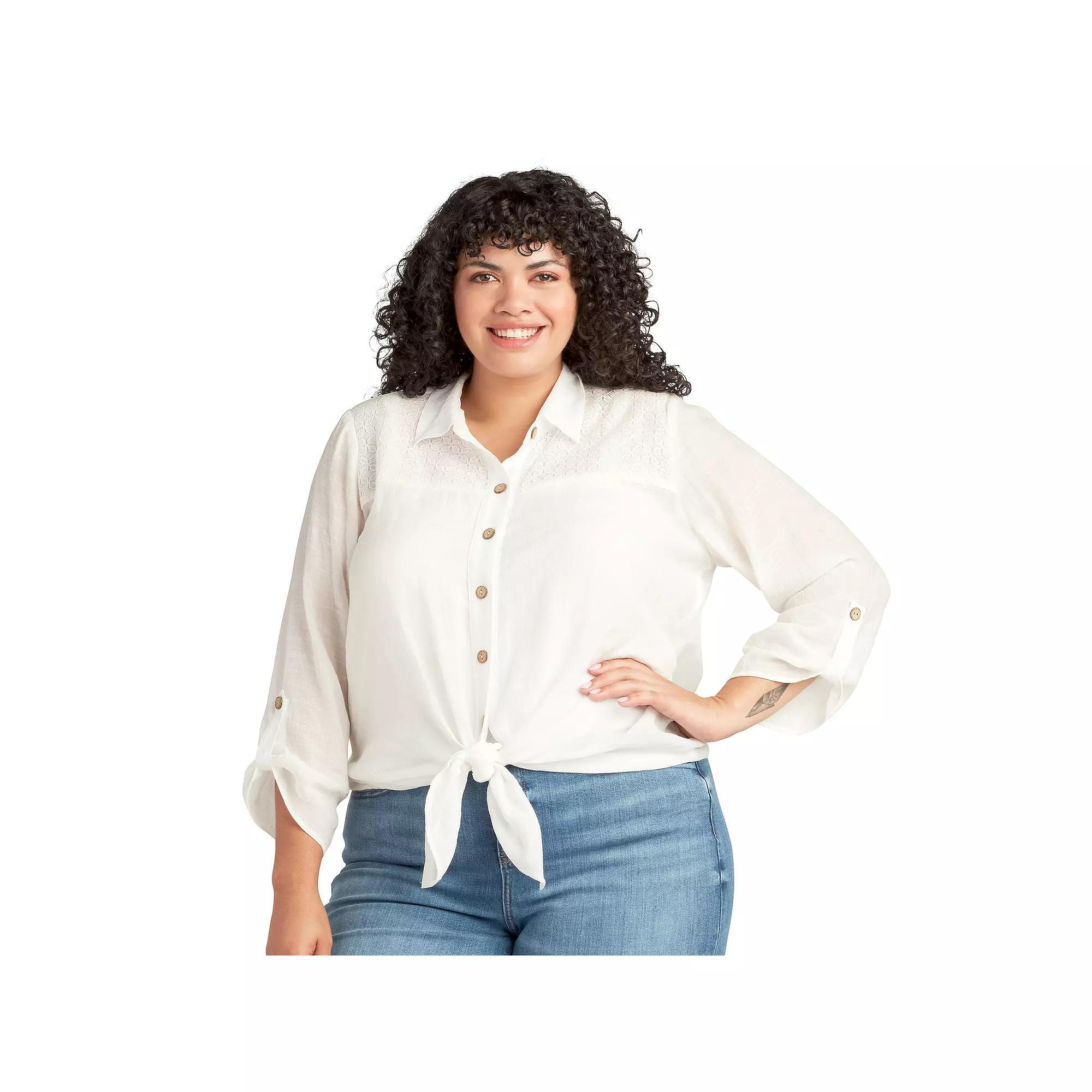 Womens AB Studio Button-Up Crochet Yoke Tunic Product Image