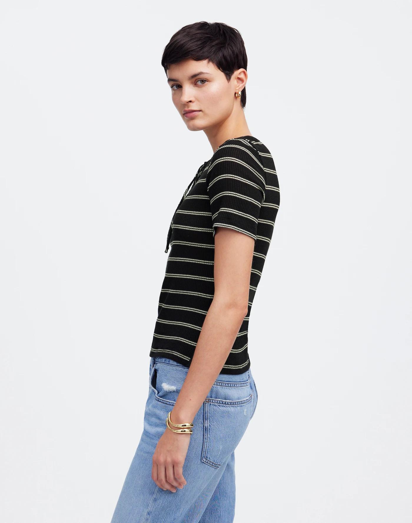 Ribbed Lace-Up Short-Sleeve Tee Product Image