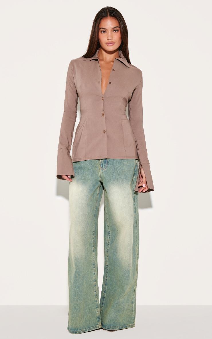 Taupe Bengaline Cinched Waist Detail Long Sleeve Shirt Product Image