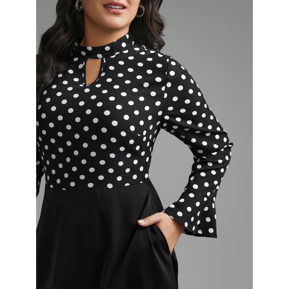 Plus Size Polka Dot Patchwork Keyhole Dress Black Women At the Office Patchwork Mock Neck Long Sleeve Curvy BloomChic 14-16/1X Product Image