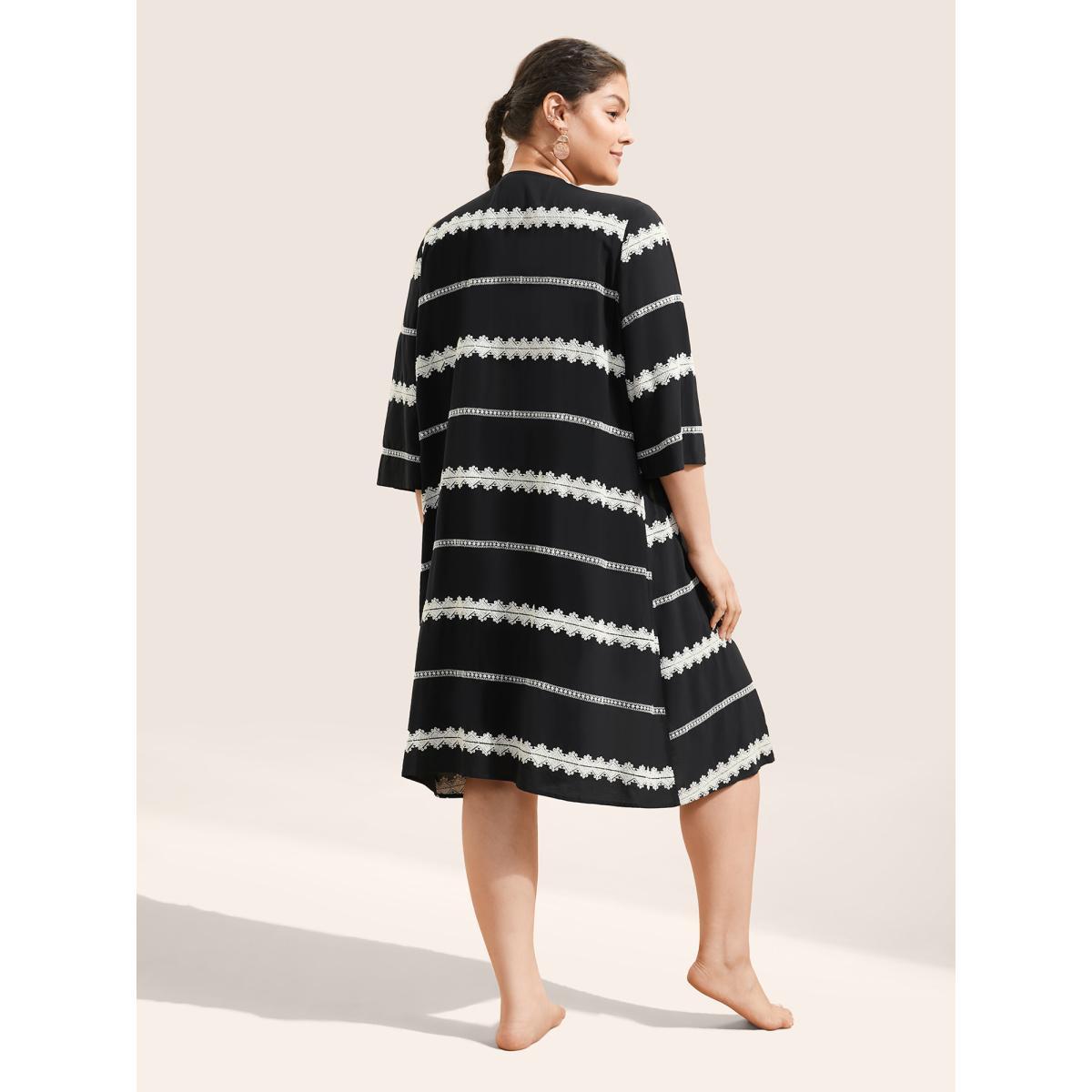 Plus Size Striped Embroidered Patchwork Kimono Women Black Resort Contrast Vacation Kimonos BloomChic 18-20/2X Product Image