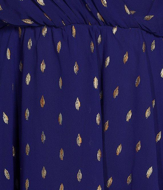 Ignite Evenings Surplice Neck Long Bubble Sleeve Tiered Skirt Gold Foil Dot Midi Dress Product Image