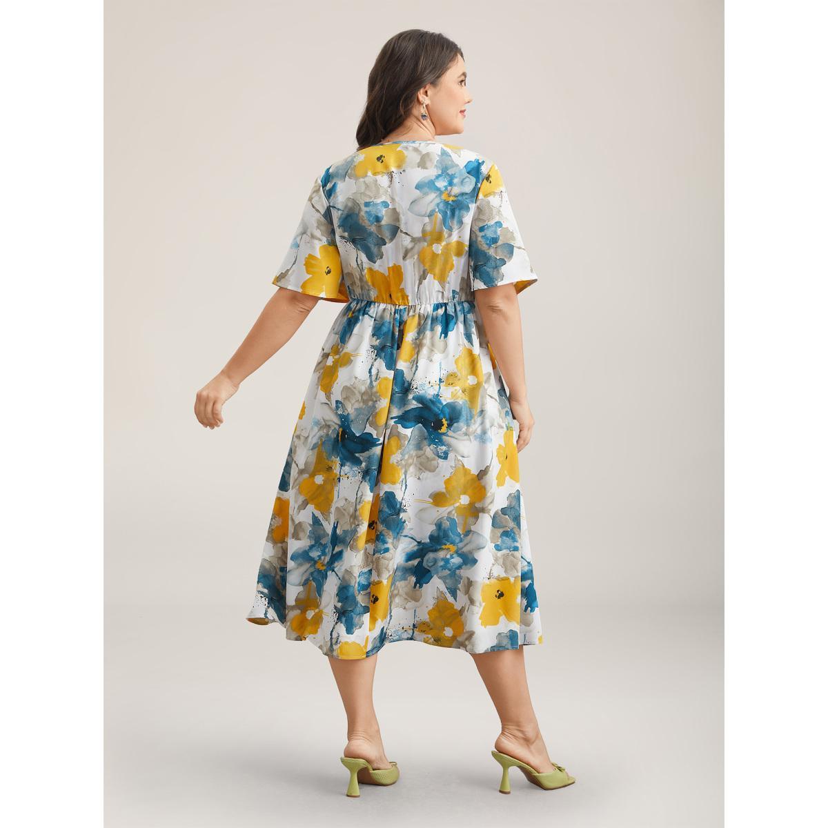 Plus Size Floral Wrap Neck Fit & Flare Dress Aegean Women Elegant Gathered V-neck Short sleeve Curvy BloomChic 14-16/1X Product Image