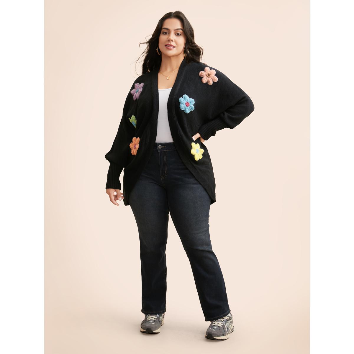 Plus Size Stereo Flower Design Drop Shoulder Cardigan Black Women Casual Loose Long Sleeve Everyday Cardigans BloomChic 18-20/2X Product Image