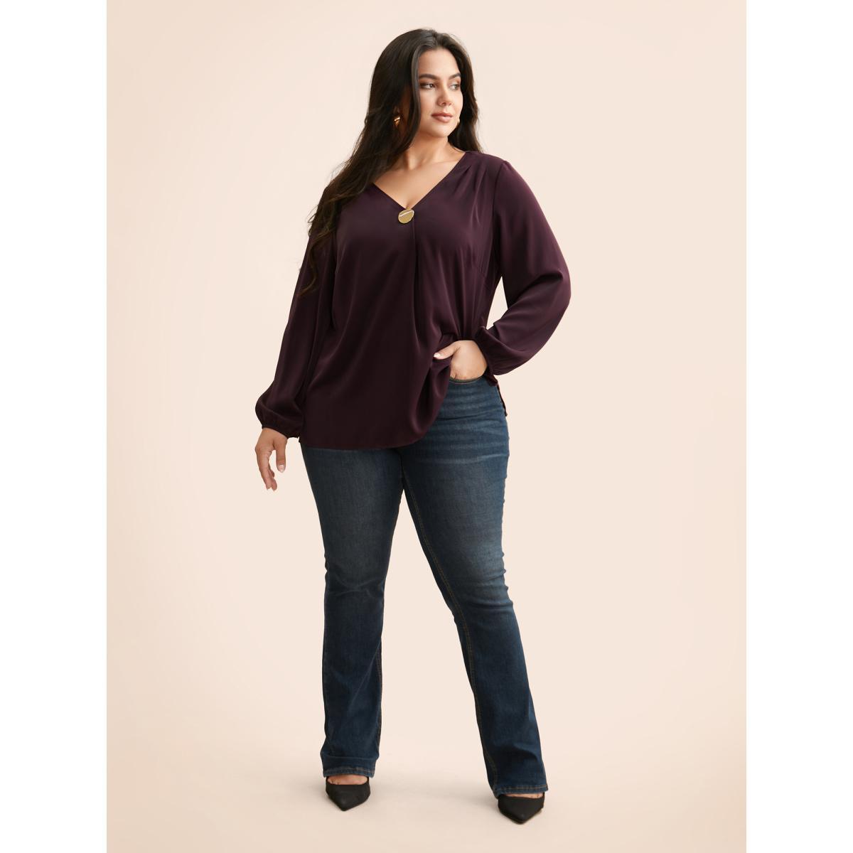 Plus Size Eggplant V Neck Pleated Metal Detail Blouse Women Elegant Long Sleeve V-neck Everyday Blouses BloomChic 10/M Product Image