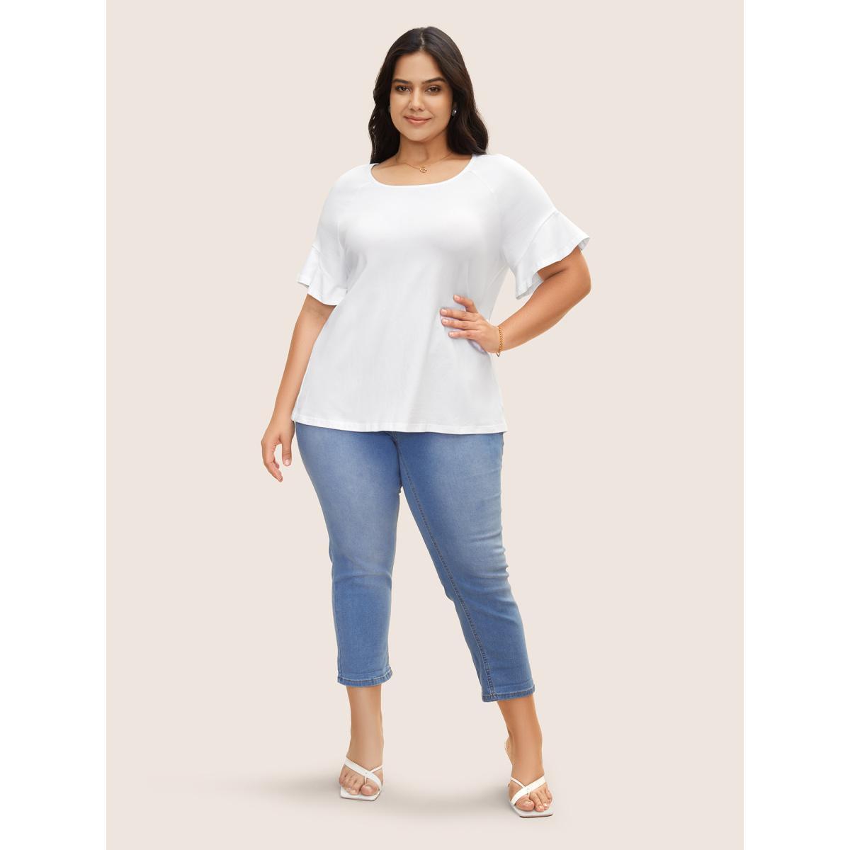 Plus Size Cotton Round Neck Plain Patchwork Ruffles T-shirt Originalwhite Women Elegant Patchwork Round Neck Everyday T-shirts BloomChic 28/5X Product Image