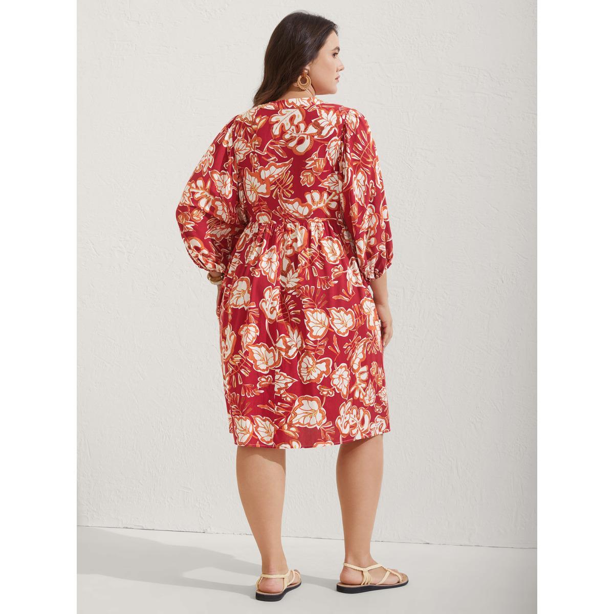 Plus Size Floral Lace Trim Button Front Midi Dress Raspberry Women Flat collar with V-notch Elbow-length sleeve Curvy BloomChic 12/L Product Image