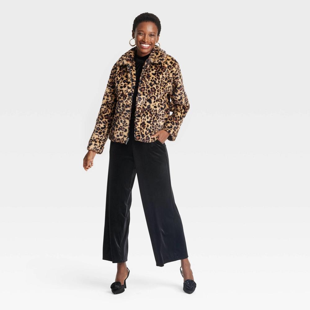Women's Faux Fur Jacket - A New Day™ Brown Leopard Print M Product Image