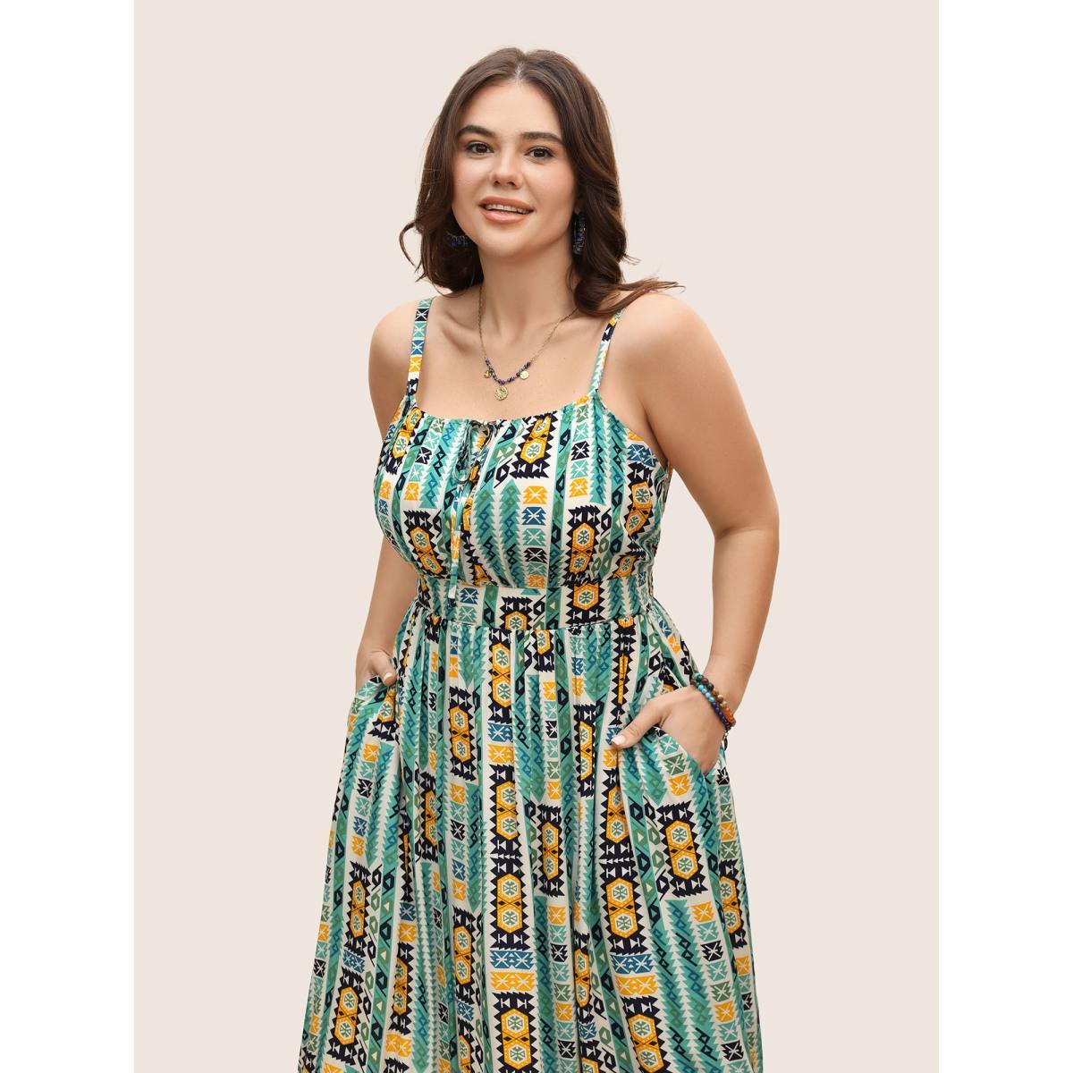 Plus Size Geometric Bandana Print Tie Knot Midi Dress Emerald Women Resort Tie knot Non Sleeveless Curvy BloomChic 26/4X Product Image