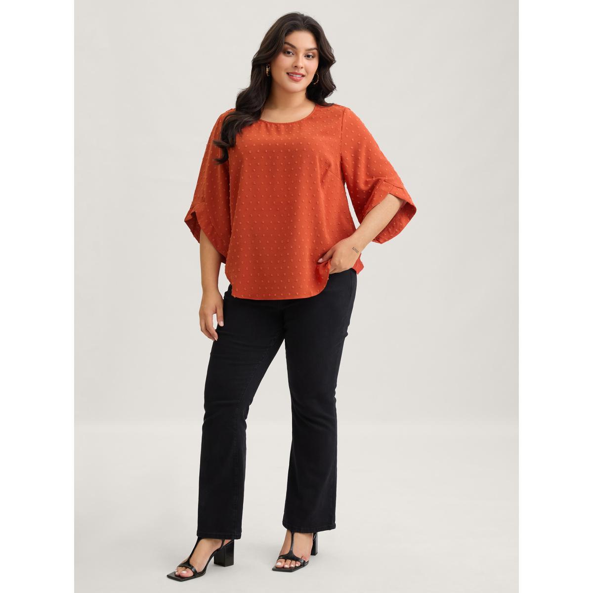 Plus Size OrangeRed Textured Round Neck Bell Sleeve Blouse Women Elegant Elbow-length sleeve Round Neck Everyday Blouses BloomChic 14-16/1X Product Image
