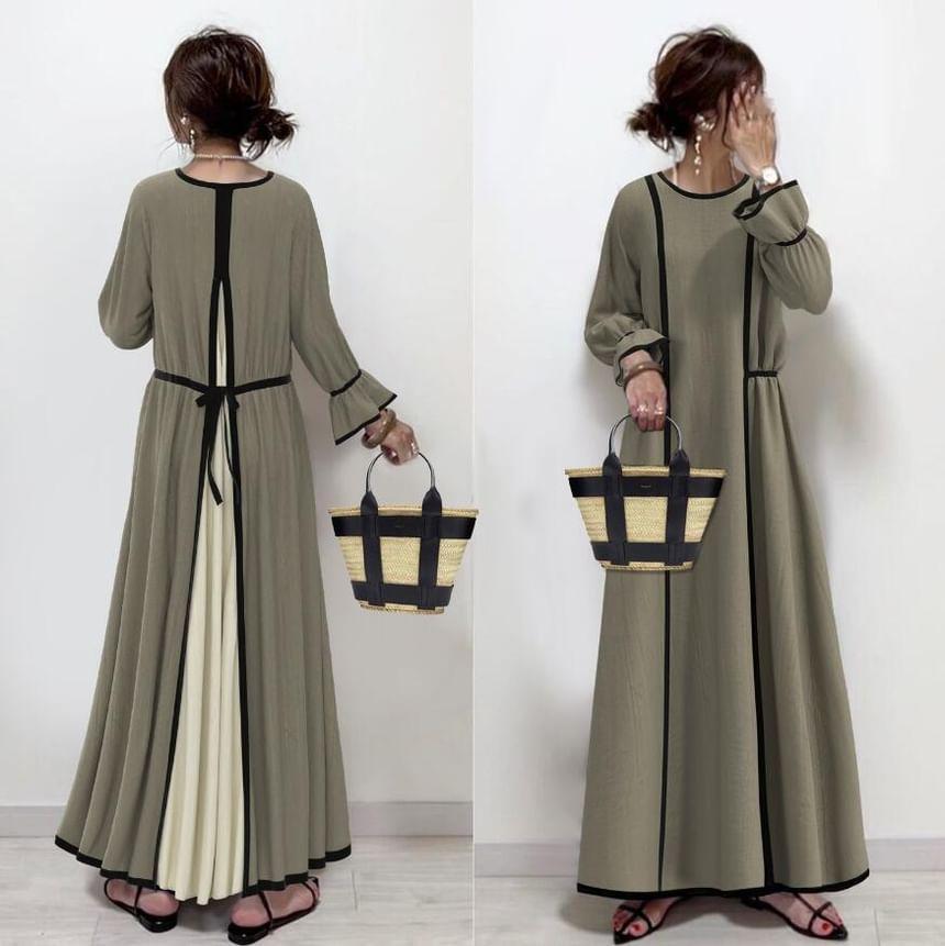 Long Sleeve Round Neck Contrast Color Trim Maxi Dress Product Image