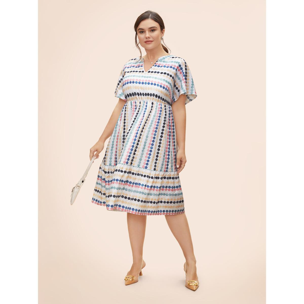 Plus Size Dot Print Elastic Waist Split Neck Midi Dress WhiteSmoke Women Casual Ruffles Flat collar with V-notch Short sleeve Curvy BloomChic 26/4X Product Image