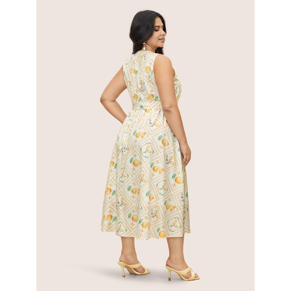 Plus Size Citrus Lemon Print Gathered Belted Tank Dress Ivory Women Elegant Belted V-neck Sleeveless Curvy Midi Dress BloomChic 10/M Product Image