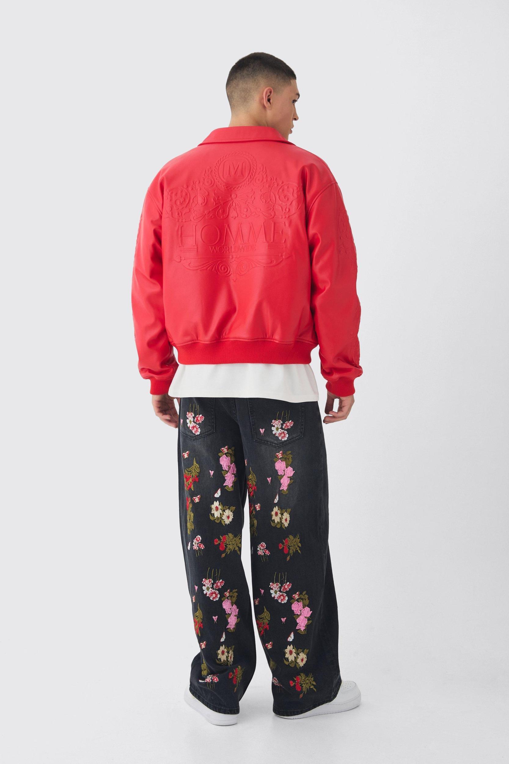 Baggy Fit Rigid Floral Embroidered Jeans | boohooMAN USA Product Image