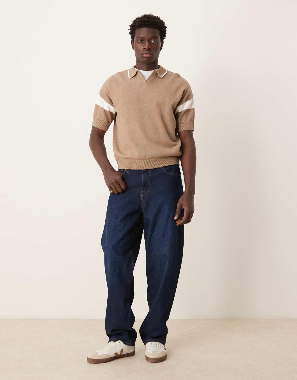 ASOS DESIGN relaxed boxy fit notch neck polo with sleeve panel in brown Product Image