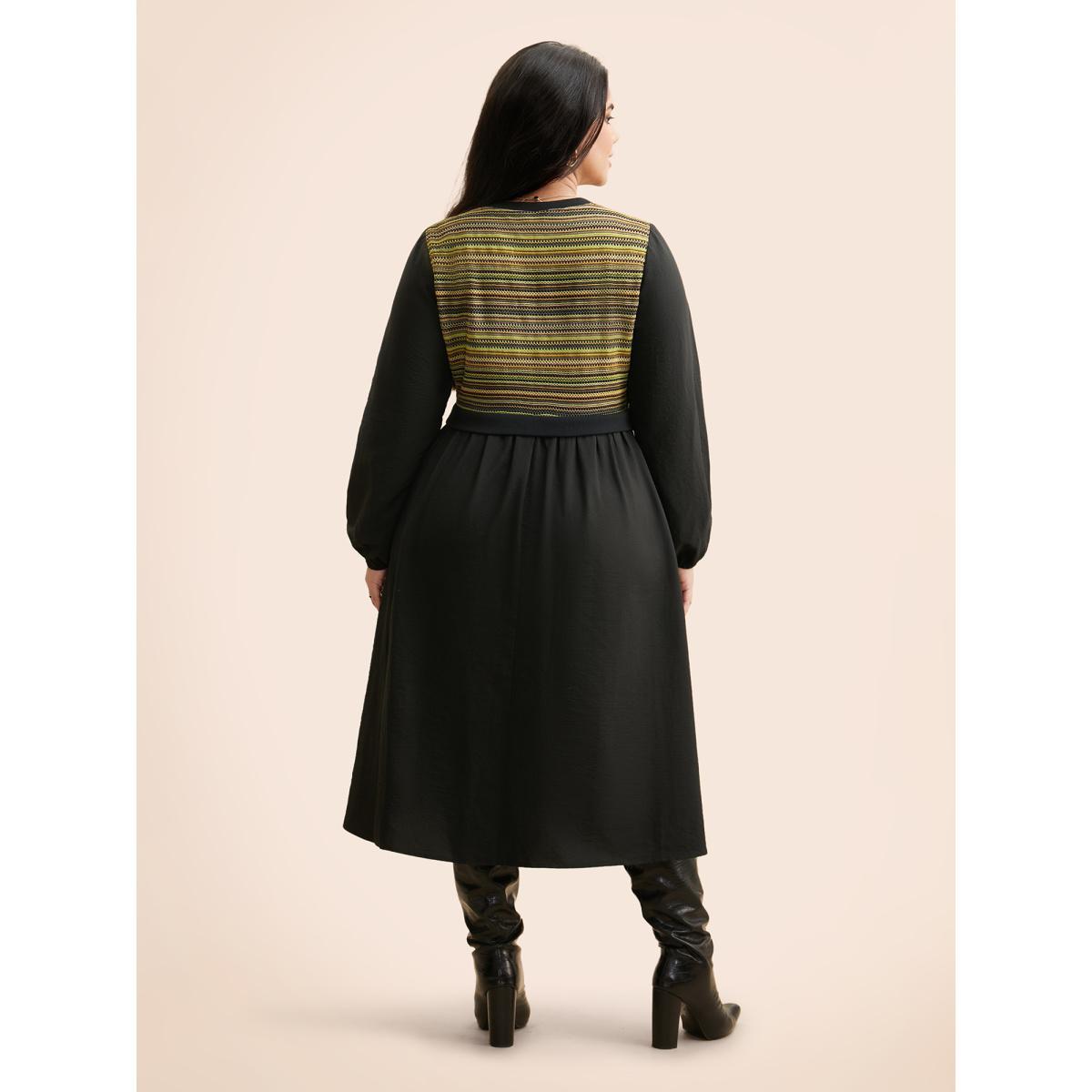 Plus Size Striped Patchwork Texture Lantern Sleeve Dress Black Women Elegant Texture Round Neck Long Sleeve Curvy BloomChic 12/L Product Image