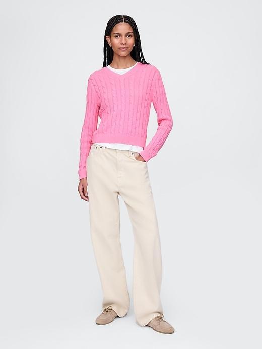 100% Cotton Cable-Knit V-Neck Sweater Product Image
